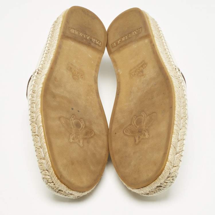 Pre Owned Gucci Cream/Dark Brown Canvas and Leather Logo Slip On Espadrille Flats Size 39