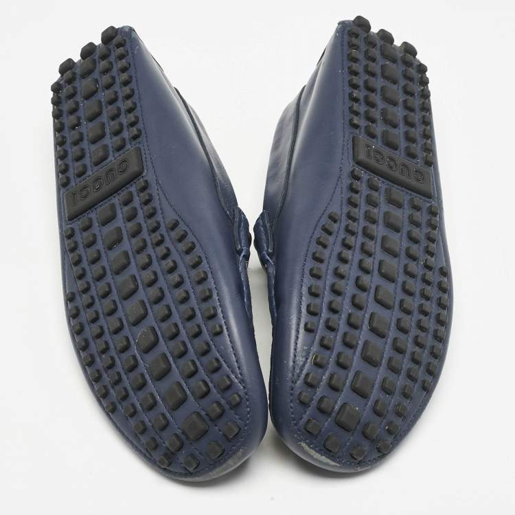 Pre Owned Gucci Navy Blue/Beige Leather and GG Supreme Canvas Interlocking G Loafers Size 44.5