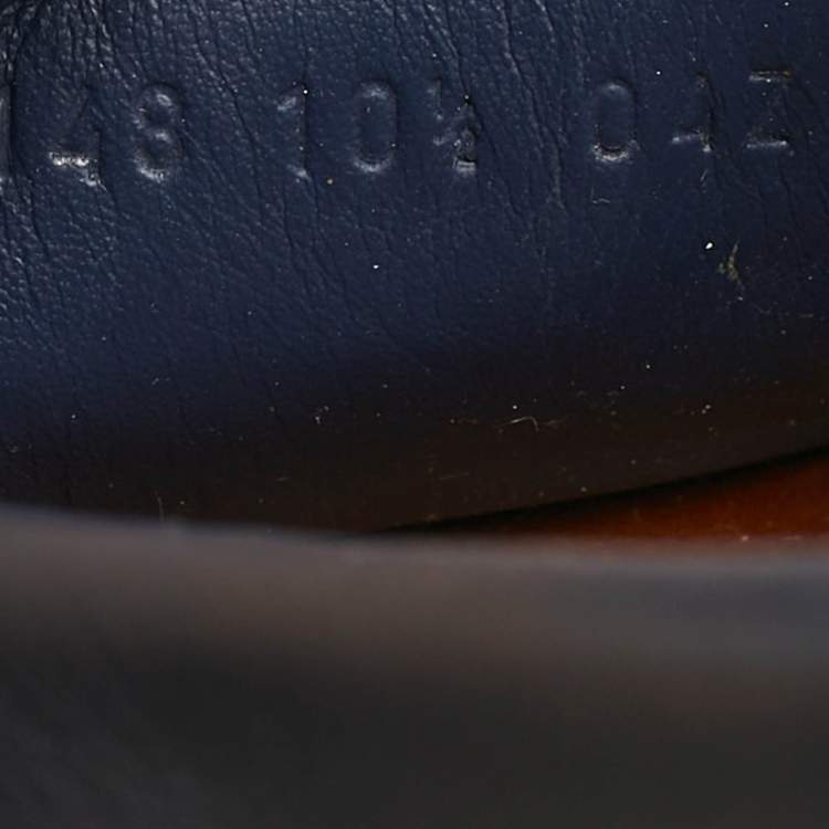 Pre Owned Gucci Navy Blue/Beige Leather and GG Supreme Canvas Interlocking G Loafers Size 44.5