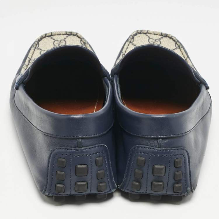 Pre Owned Gucci Navy Blue/Beige Leather and GG Supreme Canvas Interlocking G Loafers Size 44.5