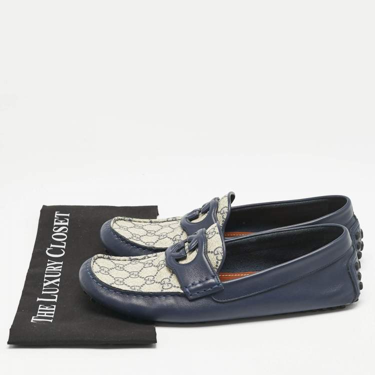 Pre Owned Gucci Navy Blue/Beige Leather and GG Supreme Canvas Interlocking G Loafers Size 44.5