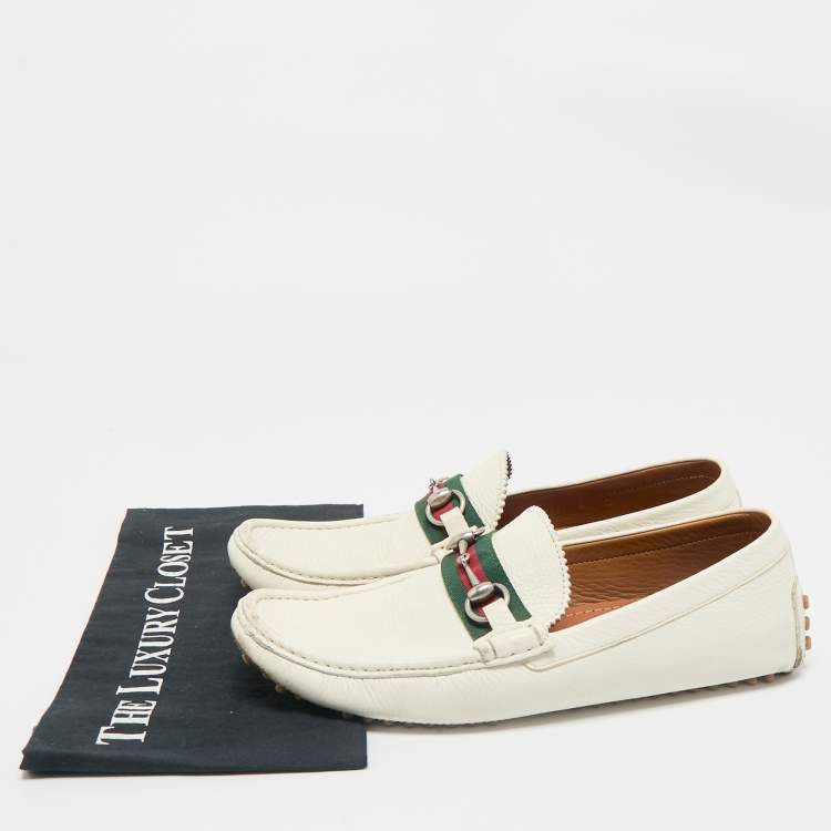 Pre Owned Gucci White Leather Web Slip On Loafers Size 43