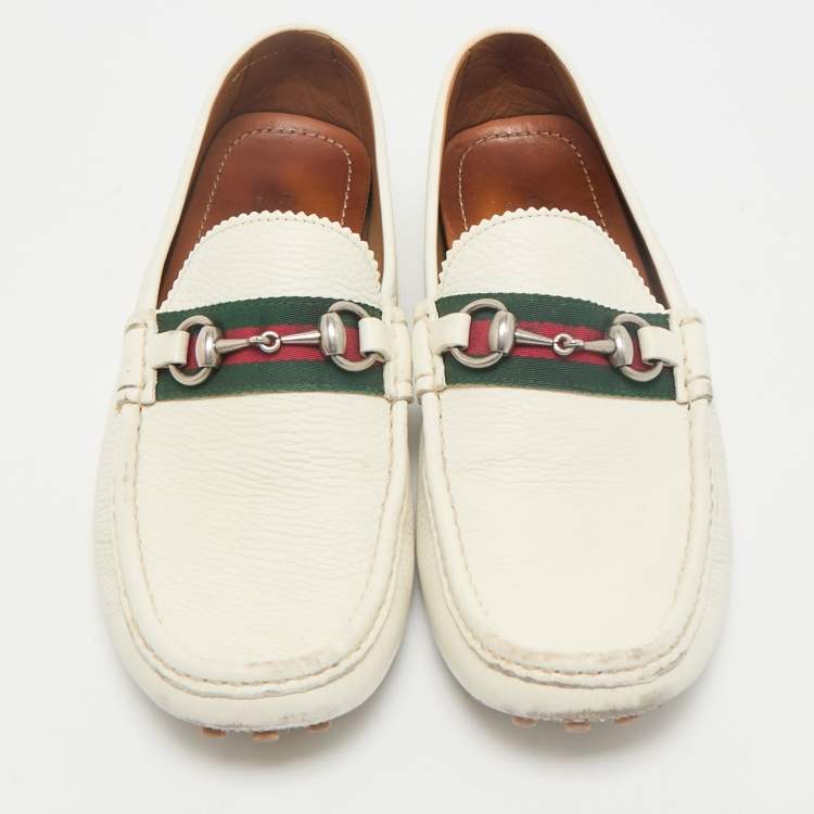 Pre Owned Gucci White Leather Web Slip On Loafers Size 43
