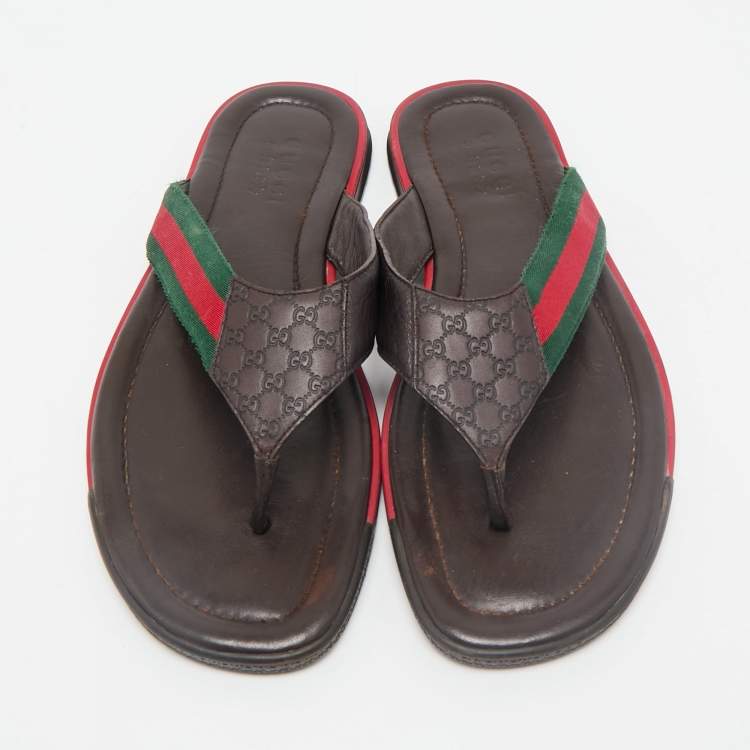 Pre Owned Gucci Brown Micro Guccissima Leather Web Thong Flip Flop Sandals Size 44.5