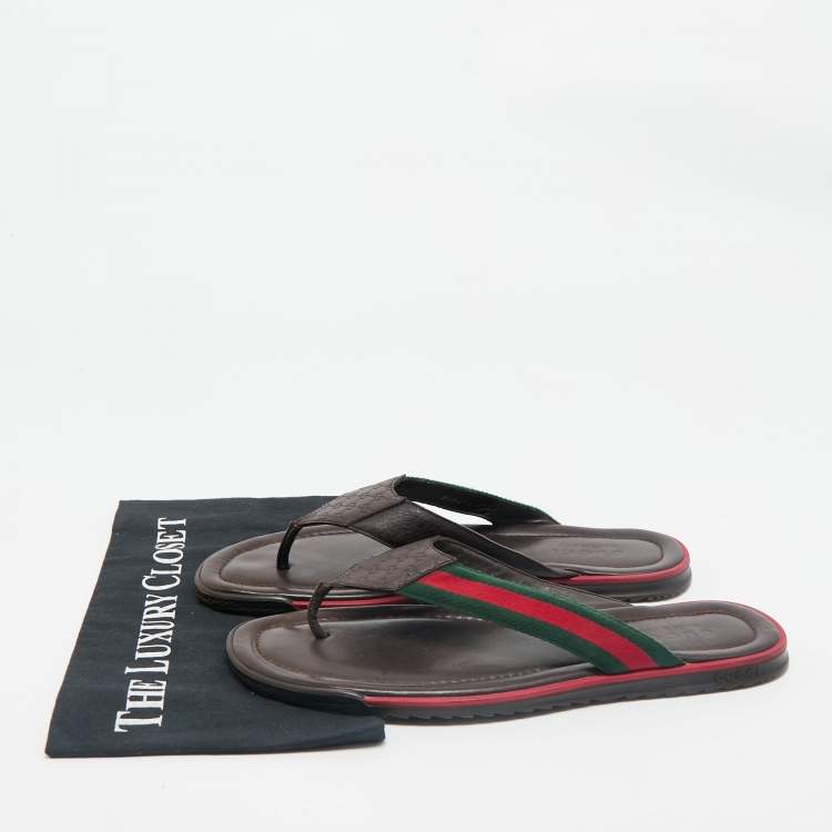 Pre Owned Gucci Brown Micro Guccissima Leather Web Thong Flip Flop Sandals Size 44.5