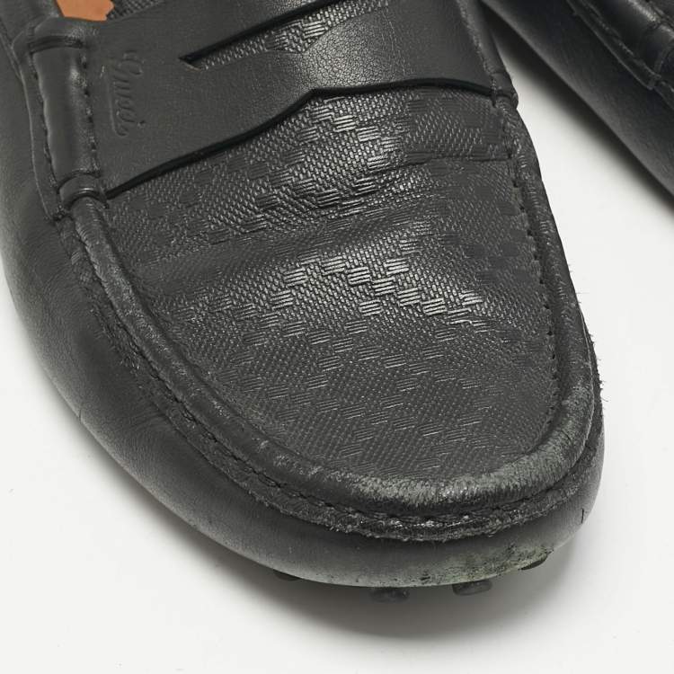 Pre Owned Gucci Black Diamante Leather Driver Loafers Size 42