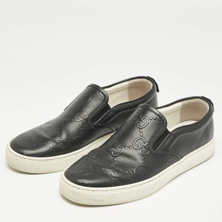 Pre Owned Gucci Black GG Embossed Leather Slip On Sneakers Size 42.5