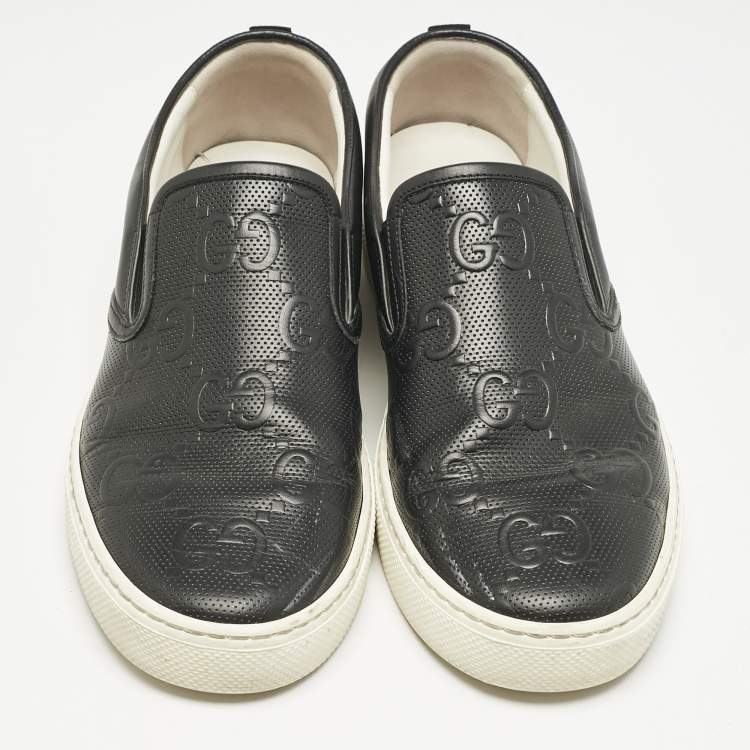 Pre Owned Gucci Black GG Embossed Leather Slip On Sneakers Size 42.5