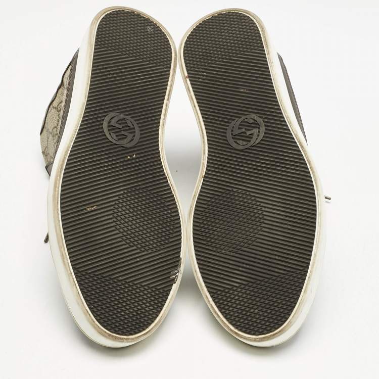 Pre Owned Gucci Brown/Grey GG Supreme Canvas and Leather Cap Toe High Top Sneakers Size 40.5