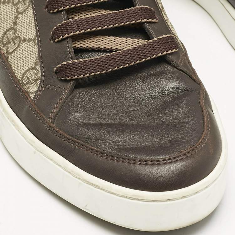 Pre Owned Gucci Brown/Grey GG Supreme Canvas and Leather Cap Toe High Top Sneakers Size 40.5