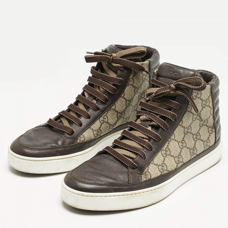 Pre Owned Gucci Brown/Grey GG Supreme Canvas and Leather Cap Toe High Top Sneakers Size 40.5