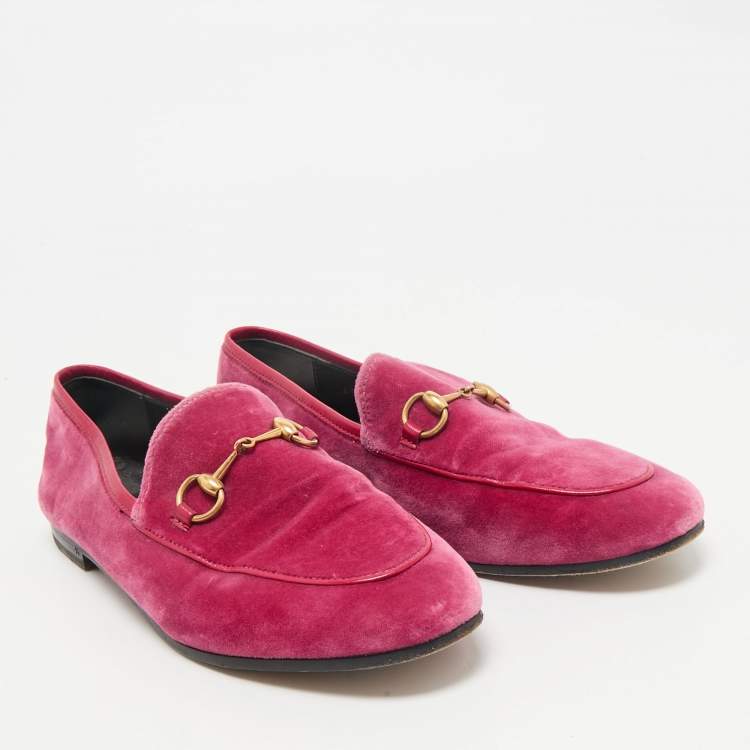 Pre Owned Gucci Pink Velvet Jordaan Horsebit Slip On Loafers Size 38