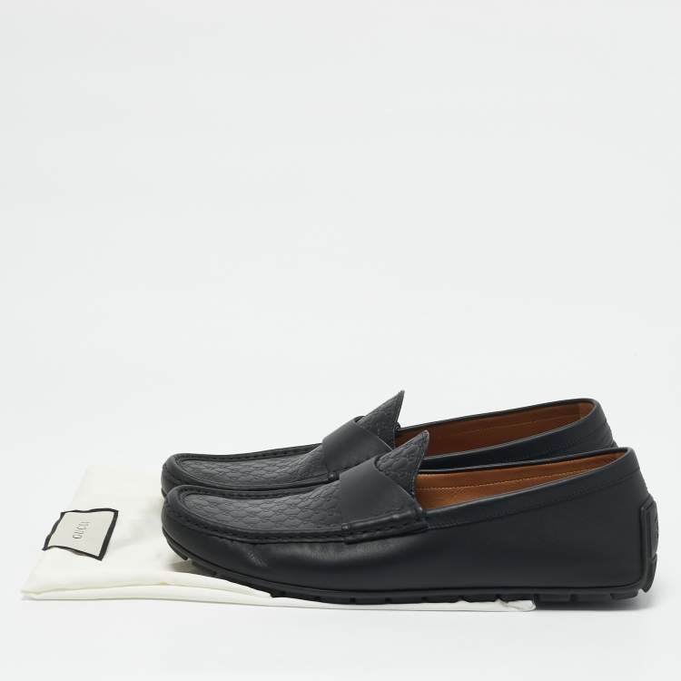 Pre Owned Gucci Navy Blue Leather Interlocking G Loafers Size 44