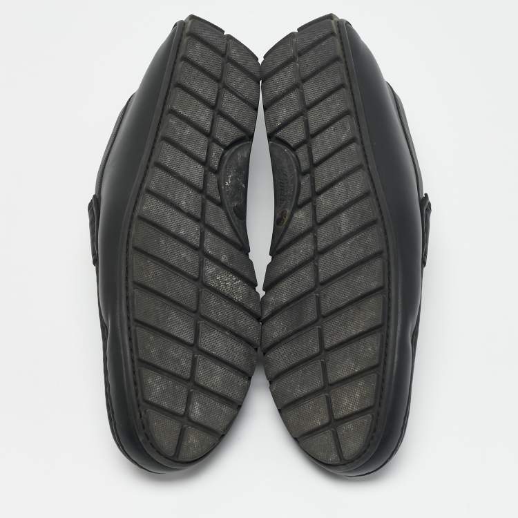 Pre Owned Gucci Navy Blue Leather Interlocking G Loafers Size 44