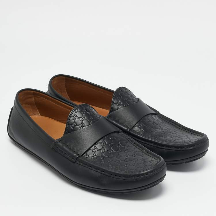 Pre Owned Gucci Navy Blue Leather Interlocking G Loafers Size 44