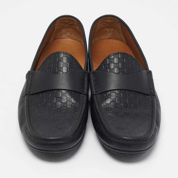 Pre Owned Gucci Navy Blue Leather Interlocking G Loafers Size 44