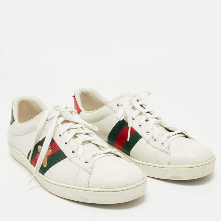 Pre Owned Gucci White Leather Embroidered Bee Web Ace Low Top Sneakers Size 43.5