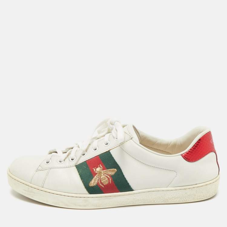 Pre Owned Gucci White Leather Embroidered Bee Web Ace Low Top Sneakers Size 43.5