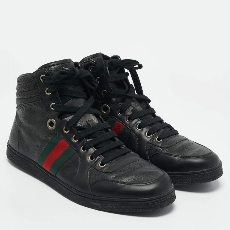 Pre Owned Gucci Black Leather Web Detail High Top Sneakers Size 42