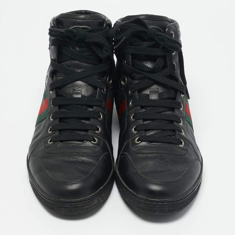 Pre Owned Gucci Black Leather Web Detail High Top Sneakers Size 42