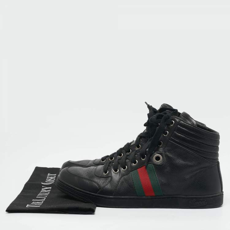 Pre Owned Gucci Black Leather Web Detail High Top Sneakers Size 42