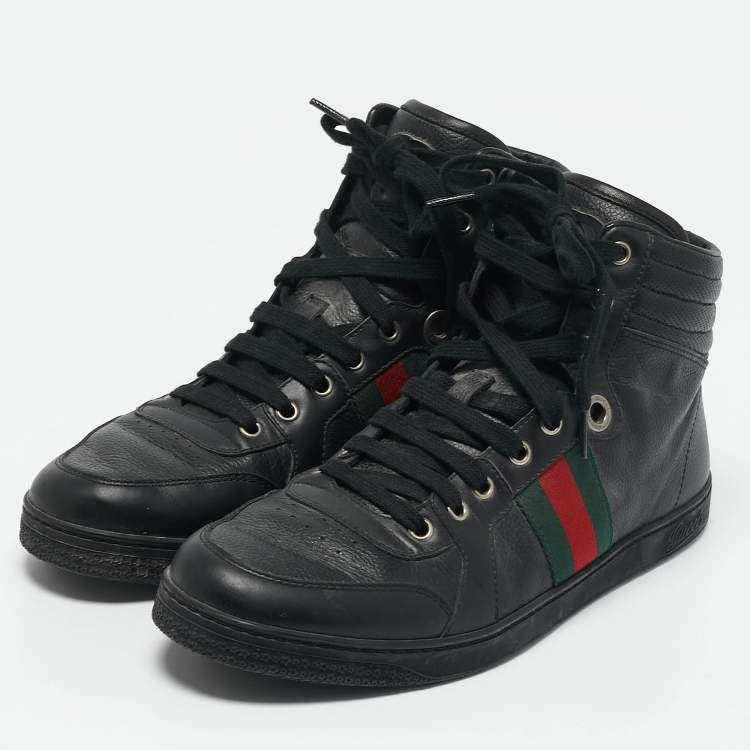 Pre Owned Gucci Black Leather Web Detail High Top Sneakers Size 42