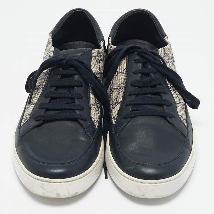 Pre Owned Gucci Navy Blue GG Supreme Canvas and Leather Low Top Sneakers Size 45
