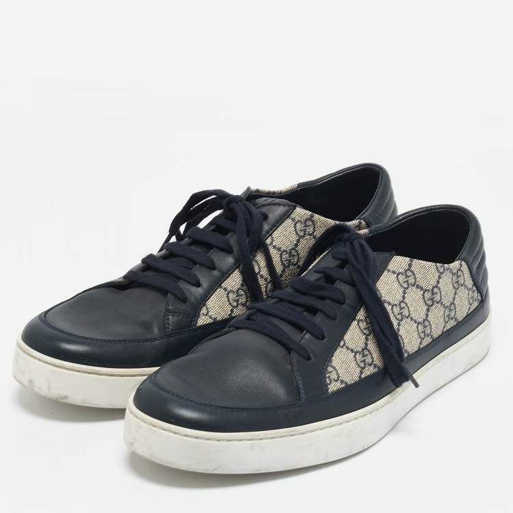 Pre Owned Gucci Navy Blue GG Supreme Canvas and Leather Low Top Sneakers Size 45