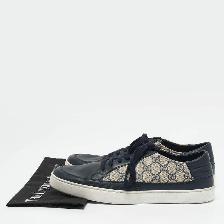 Pre Owned Gucci Navy Blue GG Supreme Canvas and Leather Low Top Sneakers Size 45