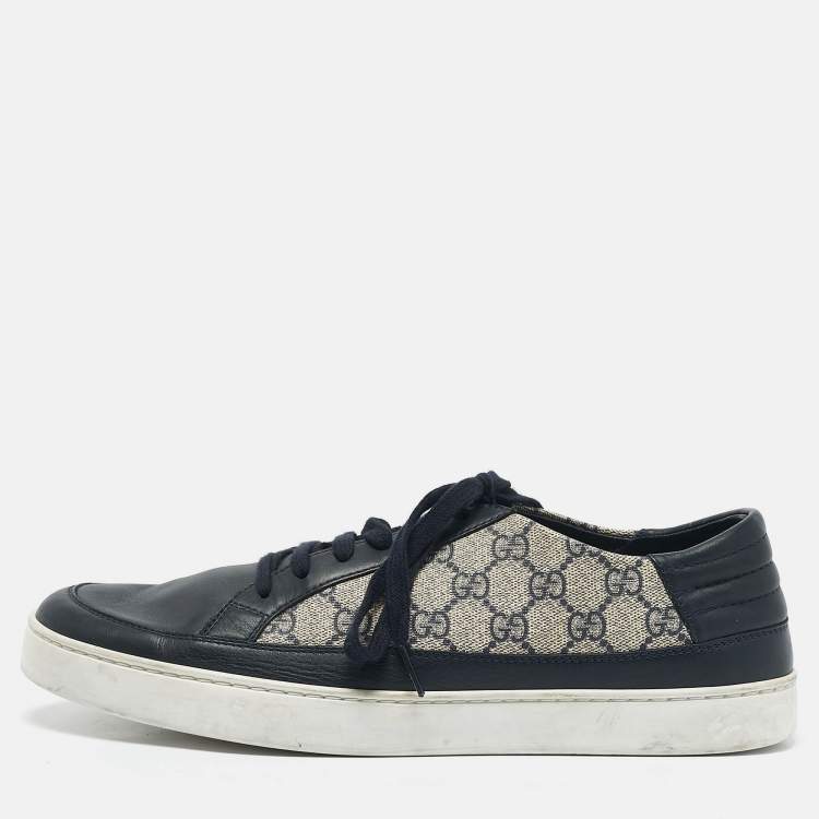 Pre Owned Gucci Navy Blue GG Supreme Canvas and Leather Low Top Sneakers Size 45
