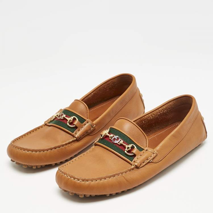 Pre Owned Gucci Brown Leather Horsebit Web Slip On Loafers Size 40.5