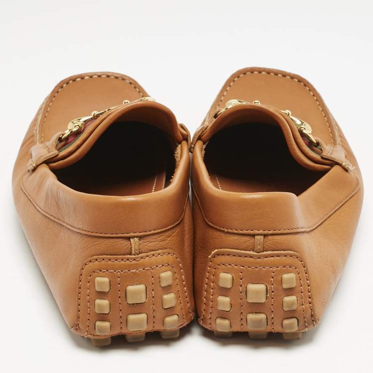Pre Owned Gucci Brown Leather Horsebit Web Slip On Loafers Size 40.5