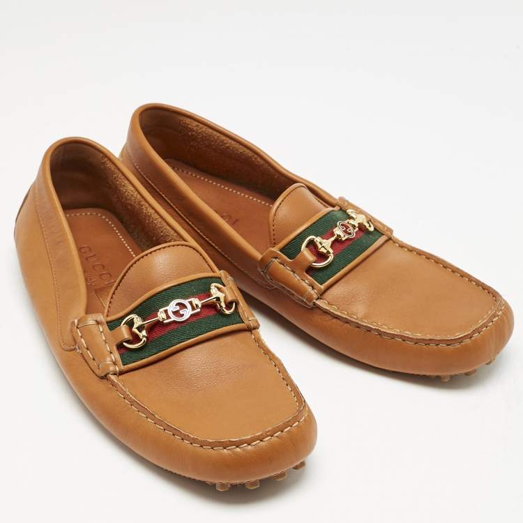Pre Owned Gucci Brown Leather Horsebit Web Slip On Loafers Size 40.5