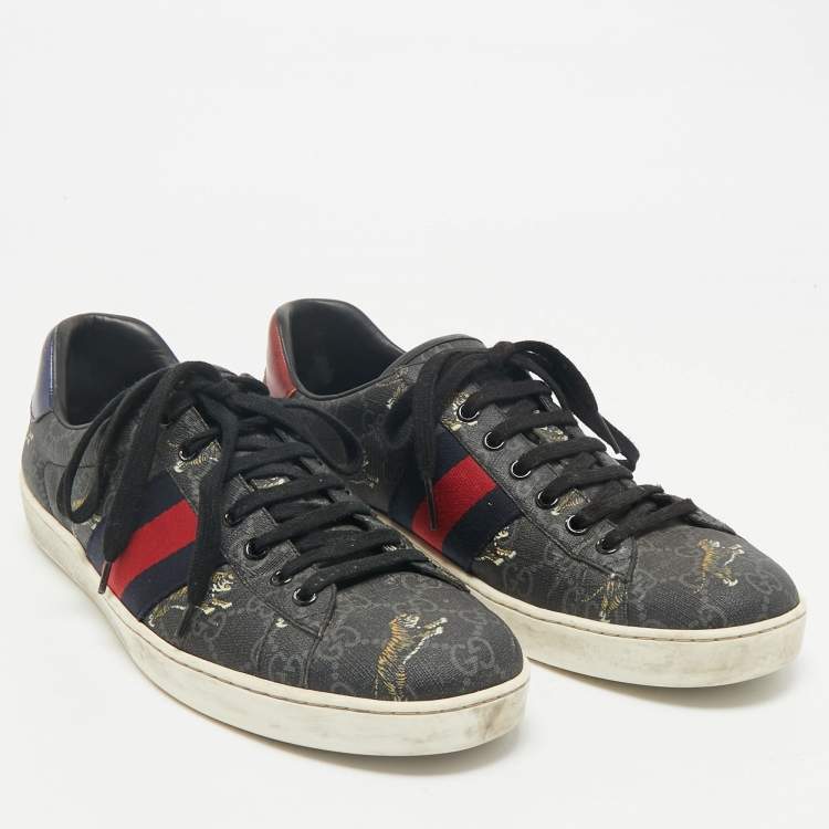 Pre Owned Gucci Navy Blue Coated Canvas Ace  Web Lace Up Sneakers Size 43