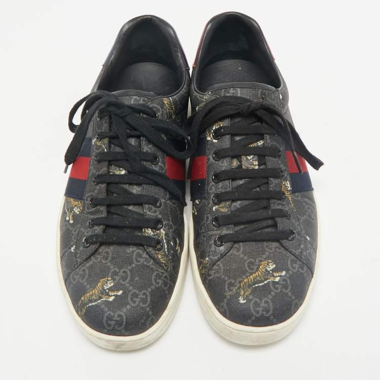 Pre Owned Gucci Navy Blue Coated Canvas Ace  Web Lace Up Sneakers Size 43