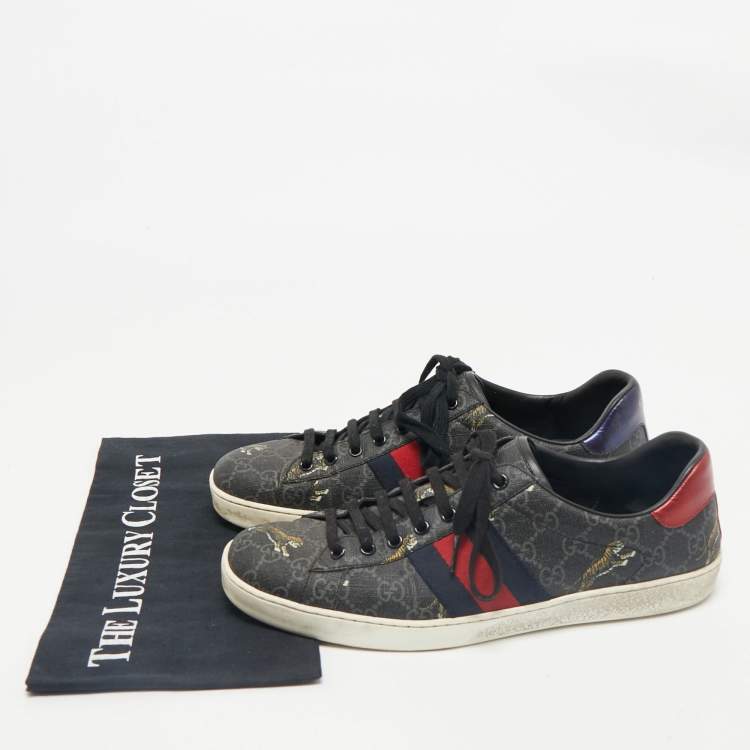 Pre Owned Gucci Navy Blue Coated Canvas Ace  Web Lace Up Sneakers Size 43