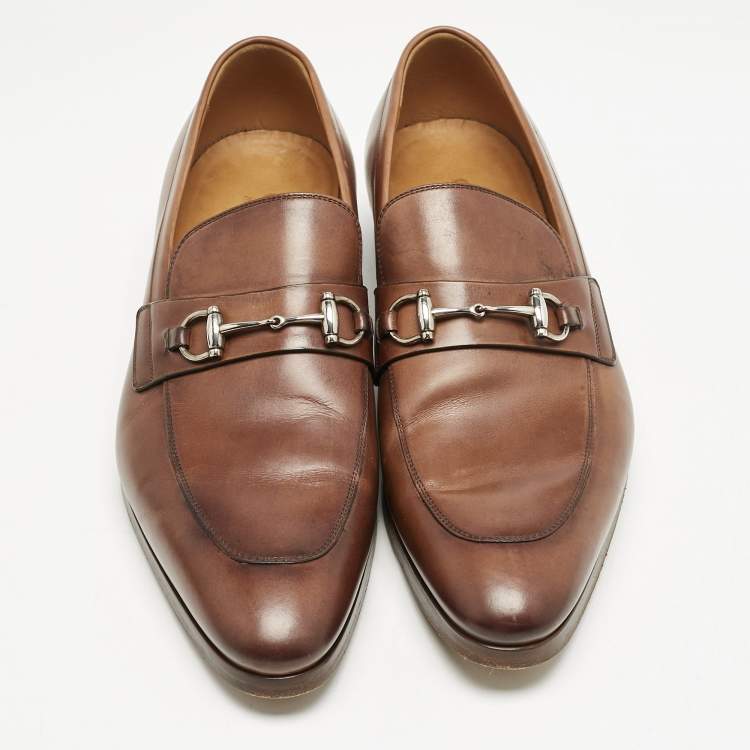 Pre Owned Gucci Brown Leather Horsebit Loafers Size 42