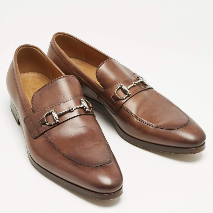 Pre Owned Gucci Brown Leather Horsebit Loafers Size 42
