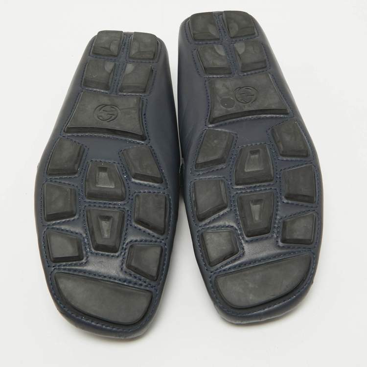 Pre Owned Gucci Navy Blue Leather GG Marmont Web Driver Slip On Loafers Size 39
