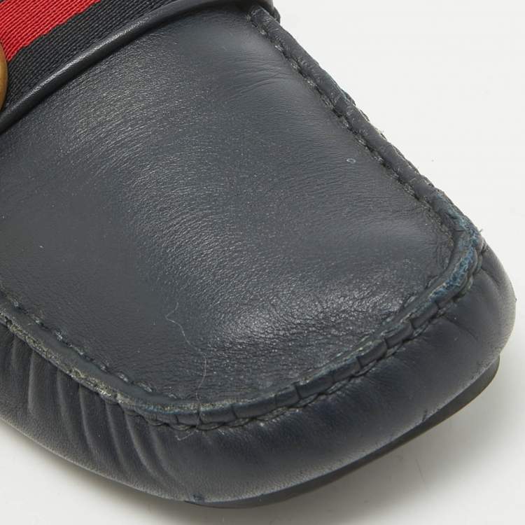 Pre Owned Gucci Navy Blue Leather GG Marmont Web Driver Slip On Loafers Size 39