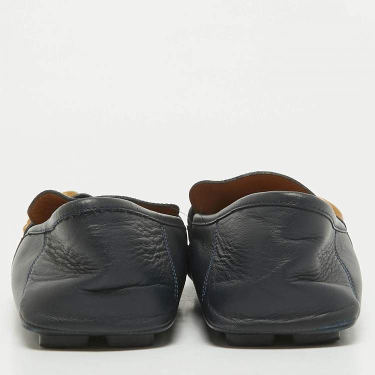 Pre Owned Gucci Navy Blue Leather GG Marmont Web Driver Slip On Loafers Size 39