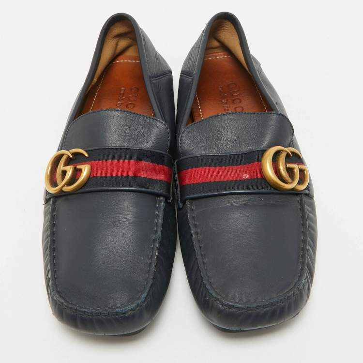Pre Owned Gucci Navy Blue Leather GG Marmont Web Driver Slip On Loafers Size 39