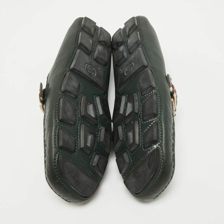 Pre Owned Gucci Green Leather Web Driver Loafers Size 40