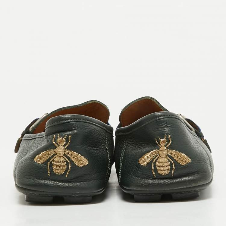 Pre Owned Gucci Green Leather Web Driver Loafers Size 40