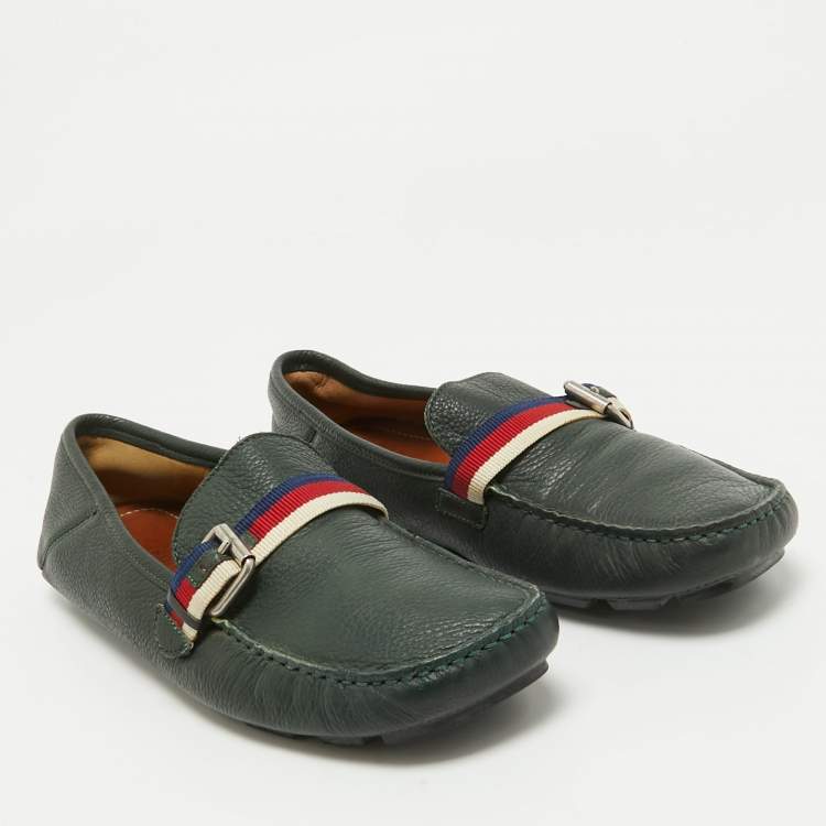 Pre Owned Gucci Green Leather Web Driver Loafers Size 40