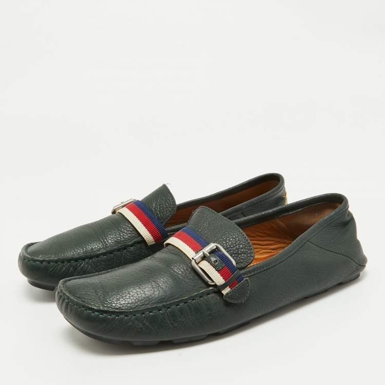 Pre Owned Gucci Green Leather Web Driver Loafers Size 40