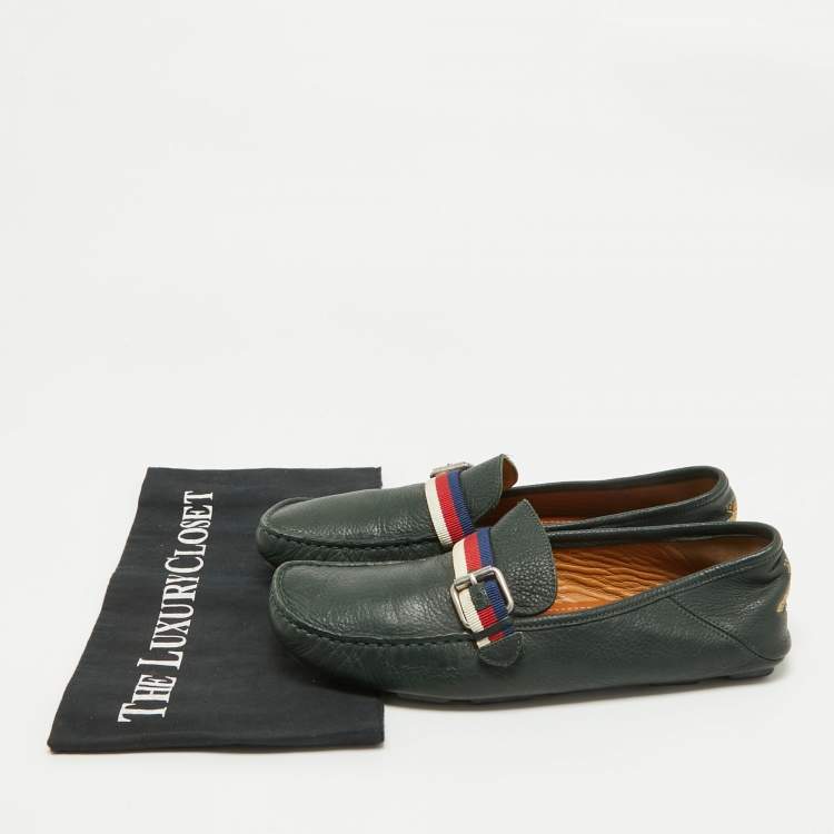 Pre Owned Gucci Green Leather Web Driver Loafers Size 40