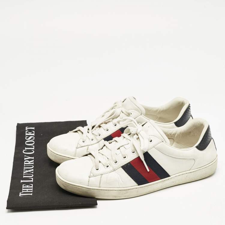Pre Owned Gucci White/Blue Leather and Snakeskin Leather Ace Low Top Sneakers Size 42