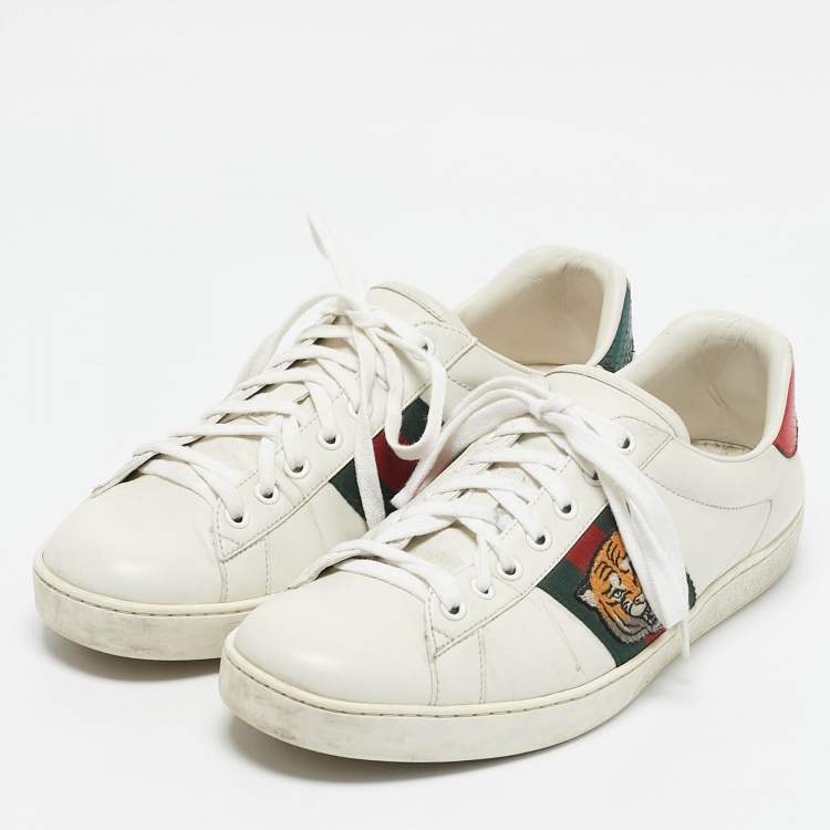 Pre Owned Gucci White Leather Ace Web Tiger Embroidered Low Top Sneakers Size 43