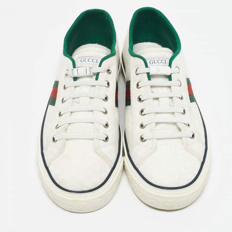 Pre Owned Gucci White Mini GG Jacquard Fabric Tennis 1977 Low Top Sneakers Size 43